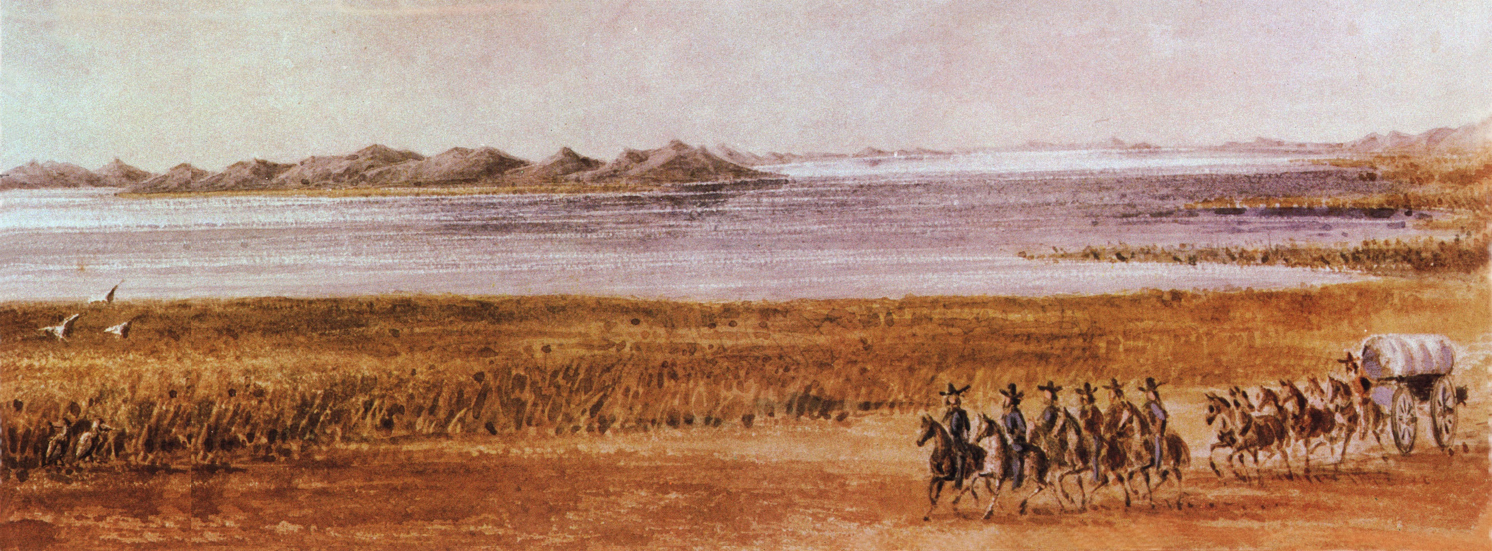 Drawing of a group of men, horses, and wagons on a vast prairie with mountains in the background